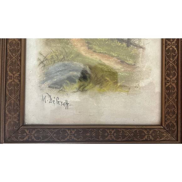 Antique M Degraff 21 X 7.5 Summer Cottage Stone Path Wooden Fence Lake Pastel - Picture 4 of 6